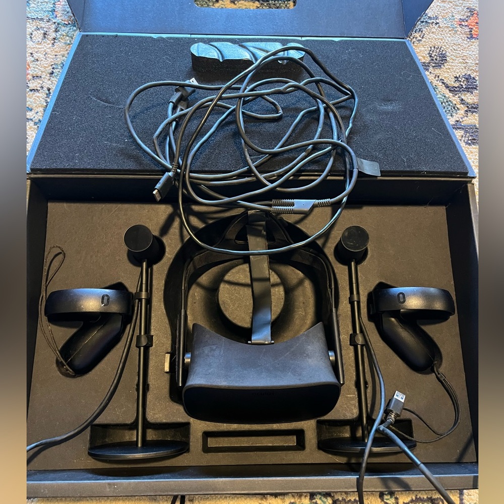Black Oculus Rift VR Headset with Controllers and Sensors